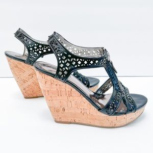 CARLOS SANTANA  Cork Zip Up Wedge Black Sandals Size 6.5